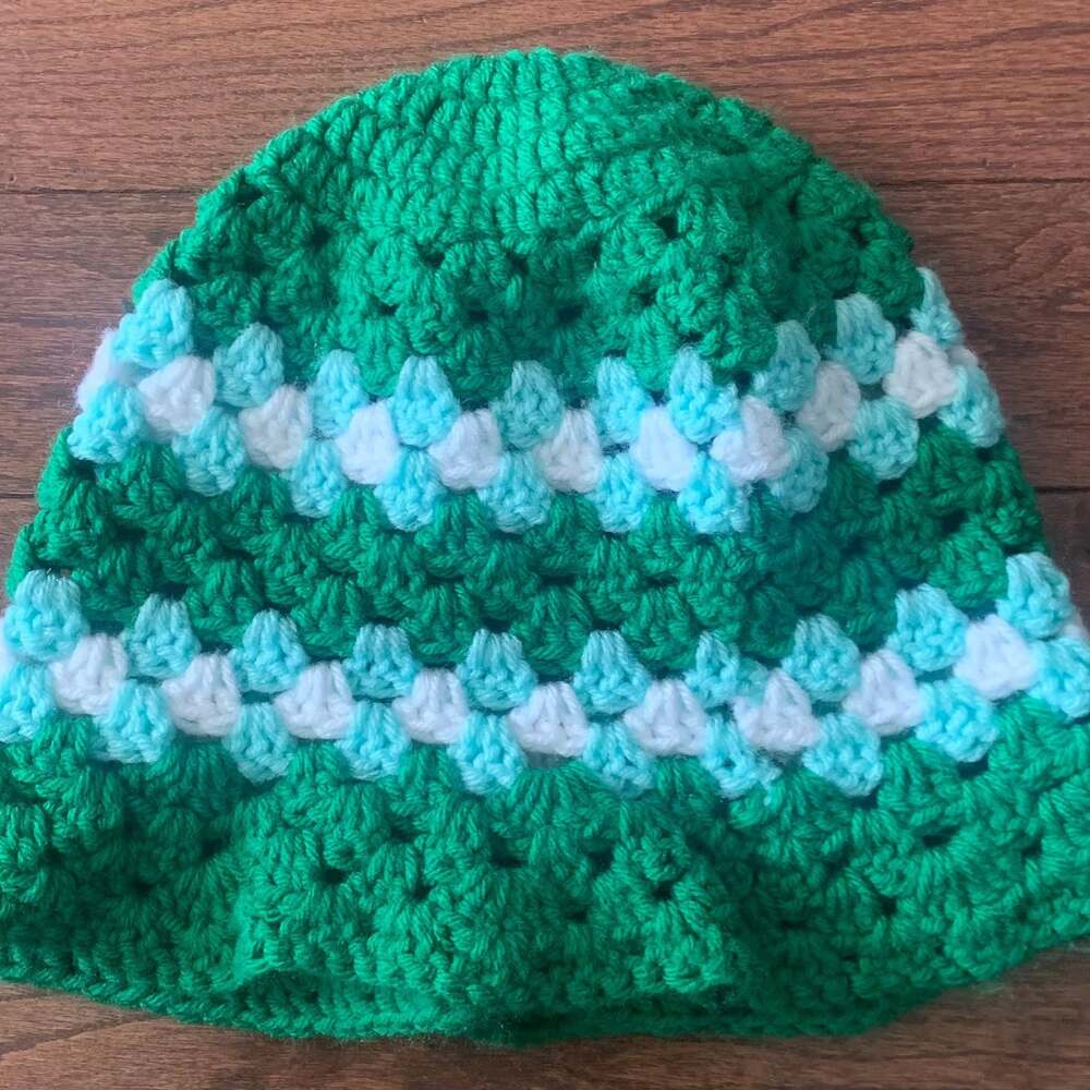 Handmade Green Crochet Beanie Hat with Blue and White‎ Stripes